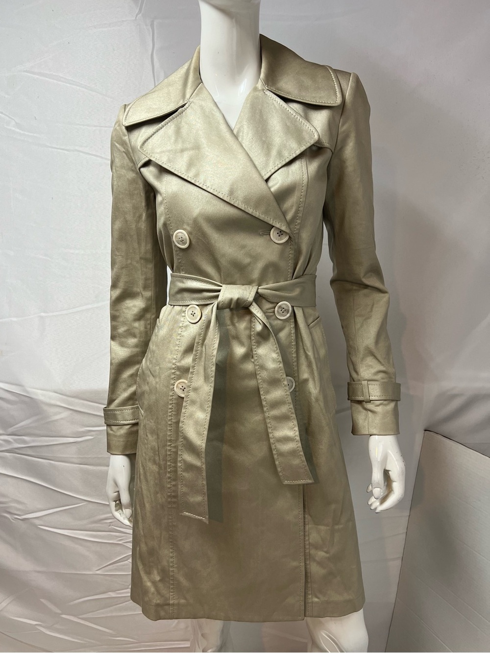 Elie Tahari Small Champagne Gold Cotton Belted Double Breasted Trench Coat